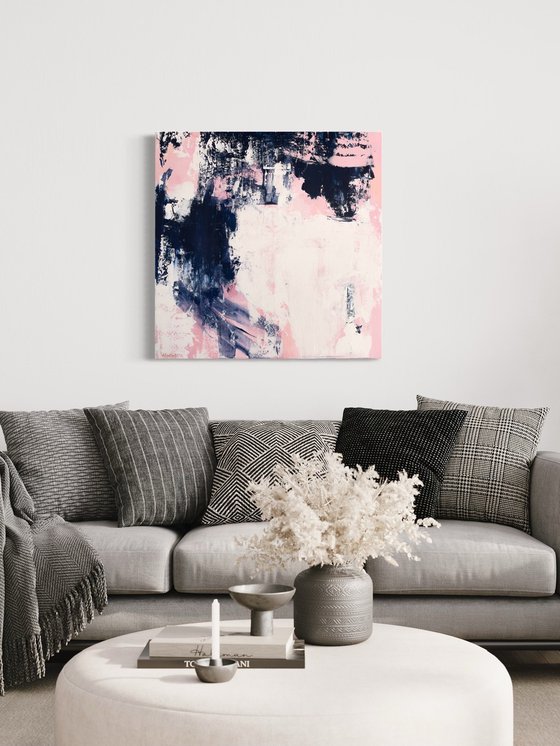 PALE PINK ILLUSIONS - 70 x 70 CM - ABSTRACT PAINTING ON CANVAS * BRIGHT PINK* GREY * DEEP BLUE