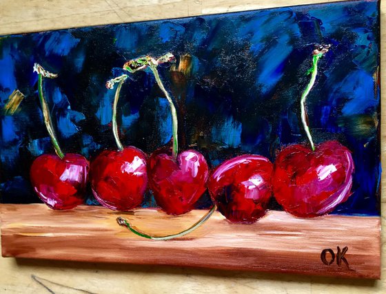 Cherries. Still life. Palette knife painting on linen canvas