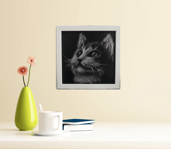 Little cat Black and Silver Monochrome art Framed and Ready to hang