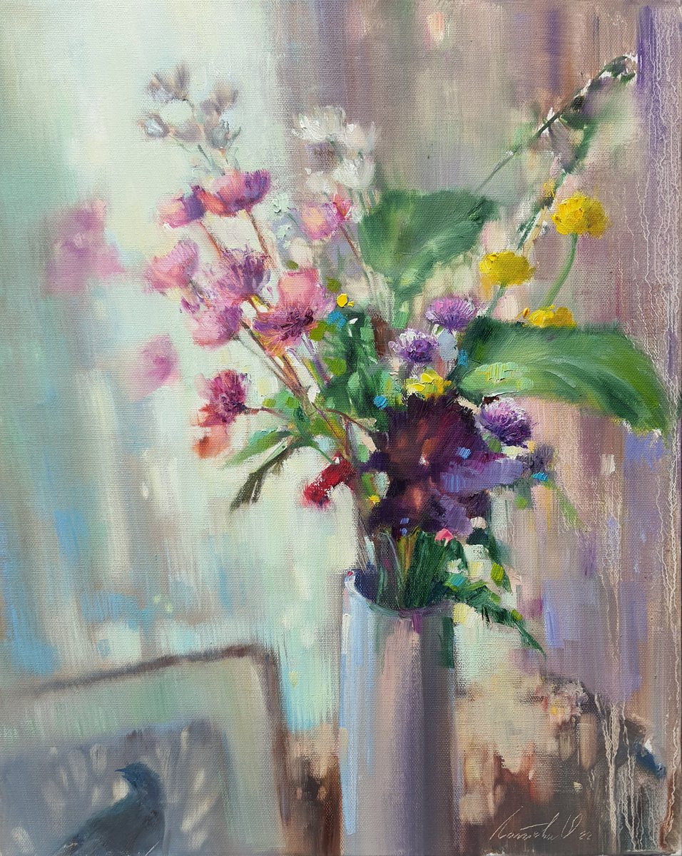 Flowers and a painting with a bird by Olha Laptieva