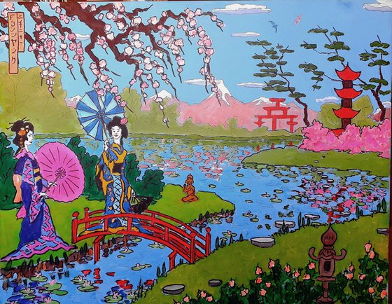 gieshas by the lake: ukiyo-e style