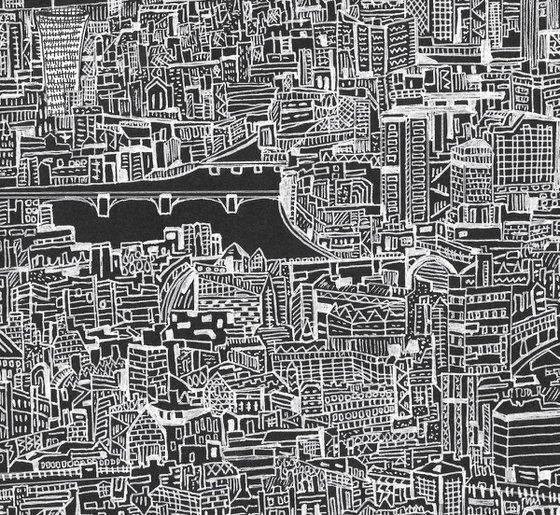 London Skyline with the Shard (Black and white drawing with collage detail)