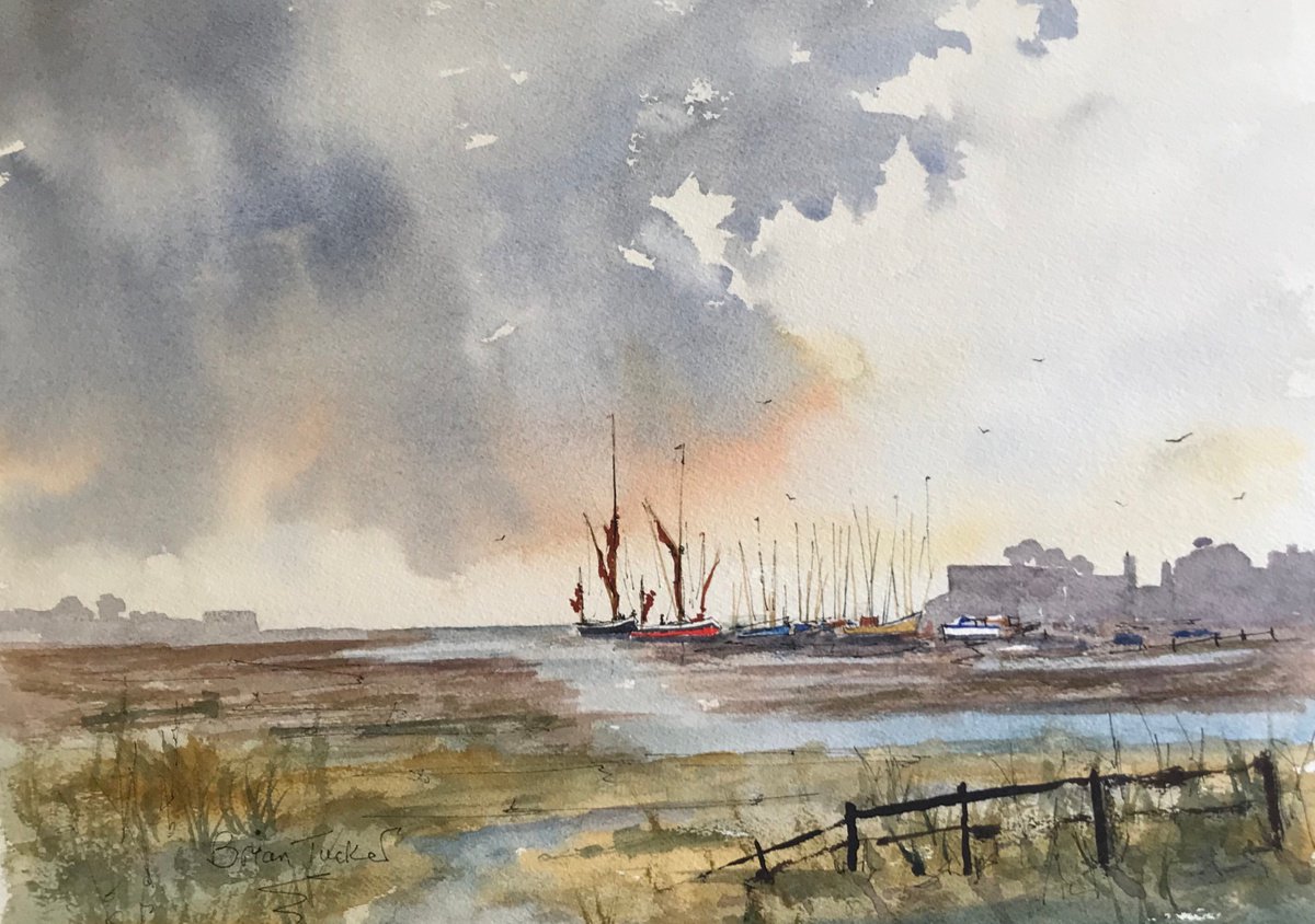 Impressionistic Landscape Watercolour By Brian Tucker, 15 X 11, Barges And Boats At Oare, Original Artwork