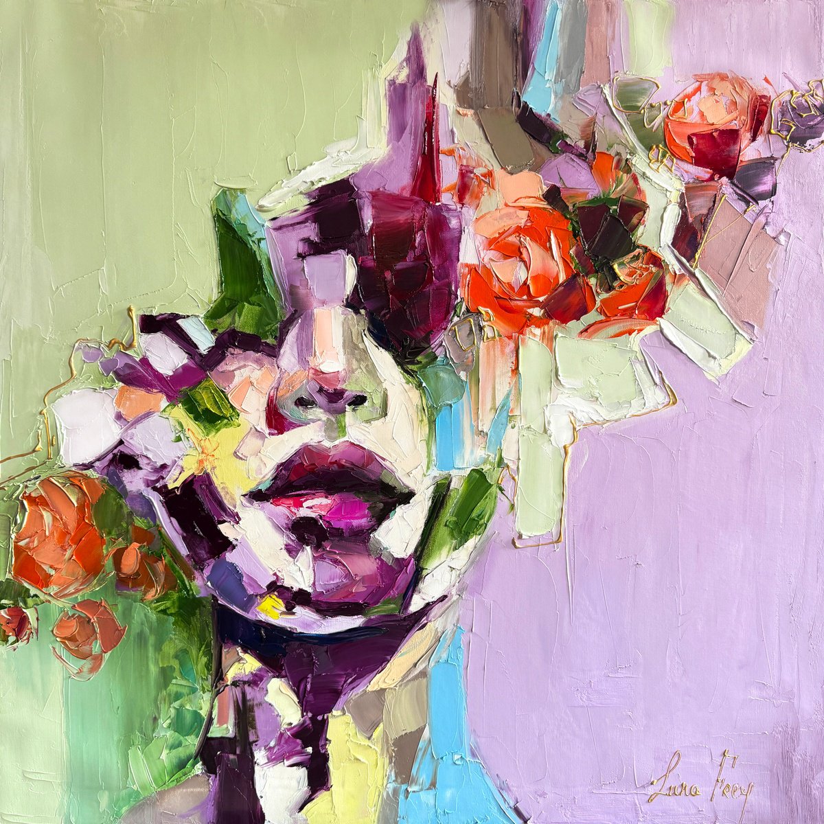 Expressive Portrait Oil Painting By Lana Frey, 31 X 31", The Scent Of Shadows, Original Artwork