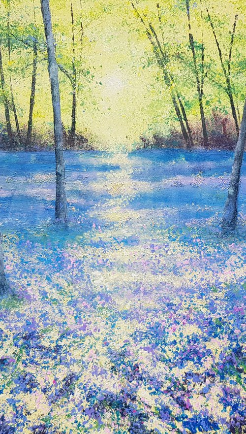 Blue Tranquility (Large Bluebell Woods painting, large trees painting) by Michele Wallington