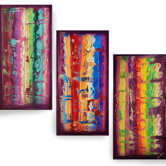 Rainbow A828 Large abstract paintings Palette knife 100x150x2 cm set of 3 original abstract acrylic paintings on stretched canvas