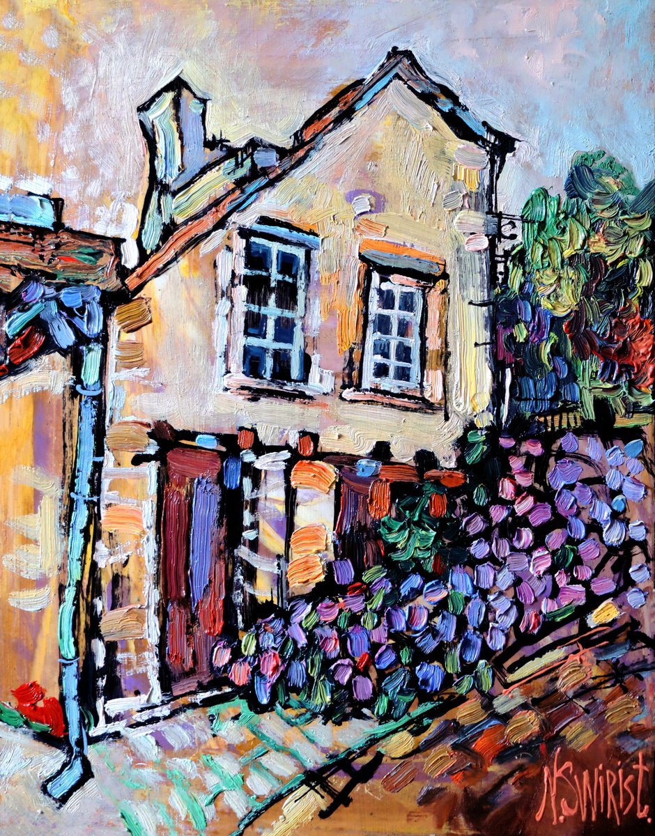 Impressionistic Cityscapes Oil Painting By Nikifor Swiristuhin, 11 X 14", House And Hydrangeas. Auray., Original Artwork