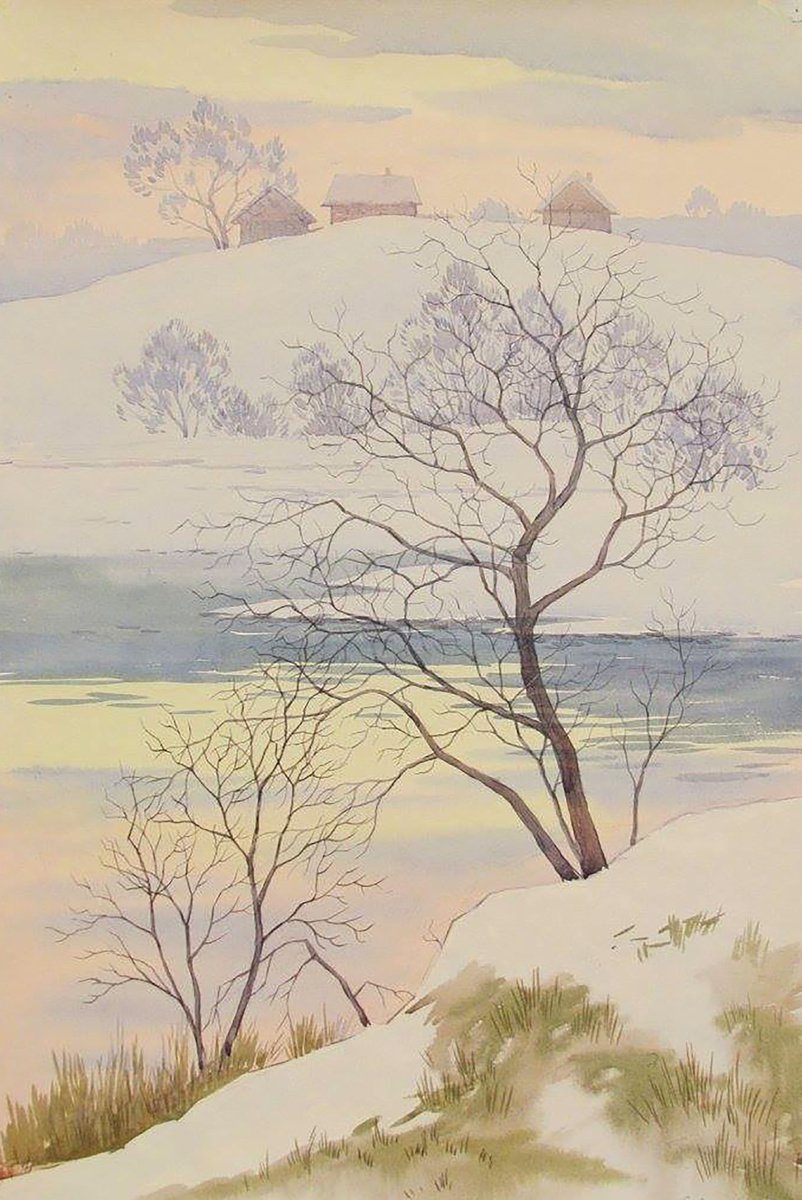 Impressionistic Landscape Watercolour By Valeriy Savenets-1, 12 X 18", February Evening, Original Artwork