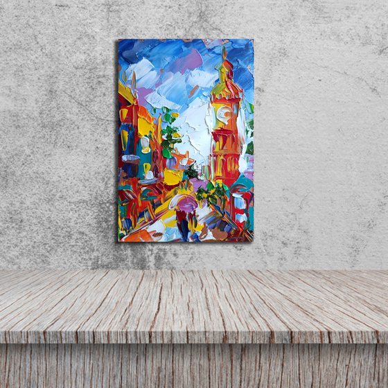 Big Ben view - small painting, United Kingdom cityscape, London, postcard, Big Ben, city, gift idea, gift, oil painting, big ben oil painting