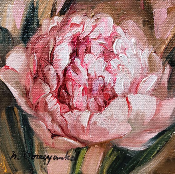 Peony flower painting original on canvas wall art, Small art framed pink flowers, Christmas gift for sister