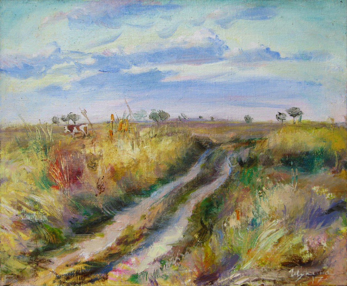Road to a village in southern Ukraine. Original oil painting by Helen Shukina