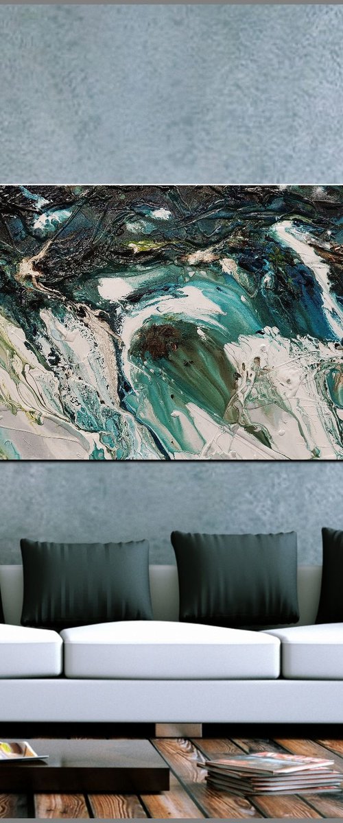 Natural Teals 200cm x 80cm Teal Green Textured Abstract Art by Franko