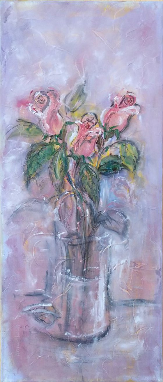 "Scent of roses",  original oil painting, 30x70x2cm