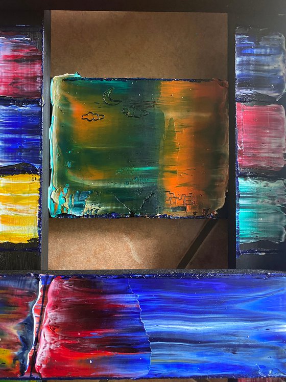 "Tic Tac Toe" - Original PMS Mixed Media Assemblage Sculptural Painting on Wood, - 21 x 25 inches