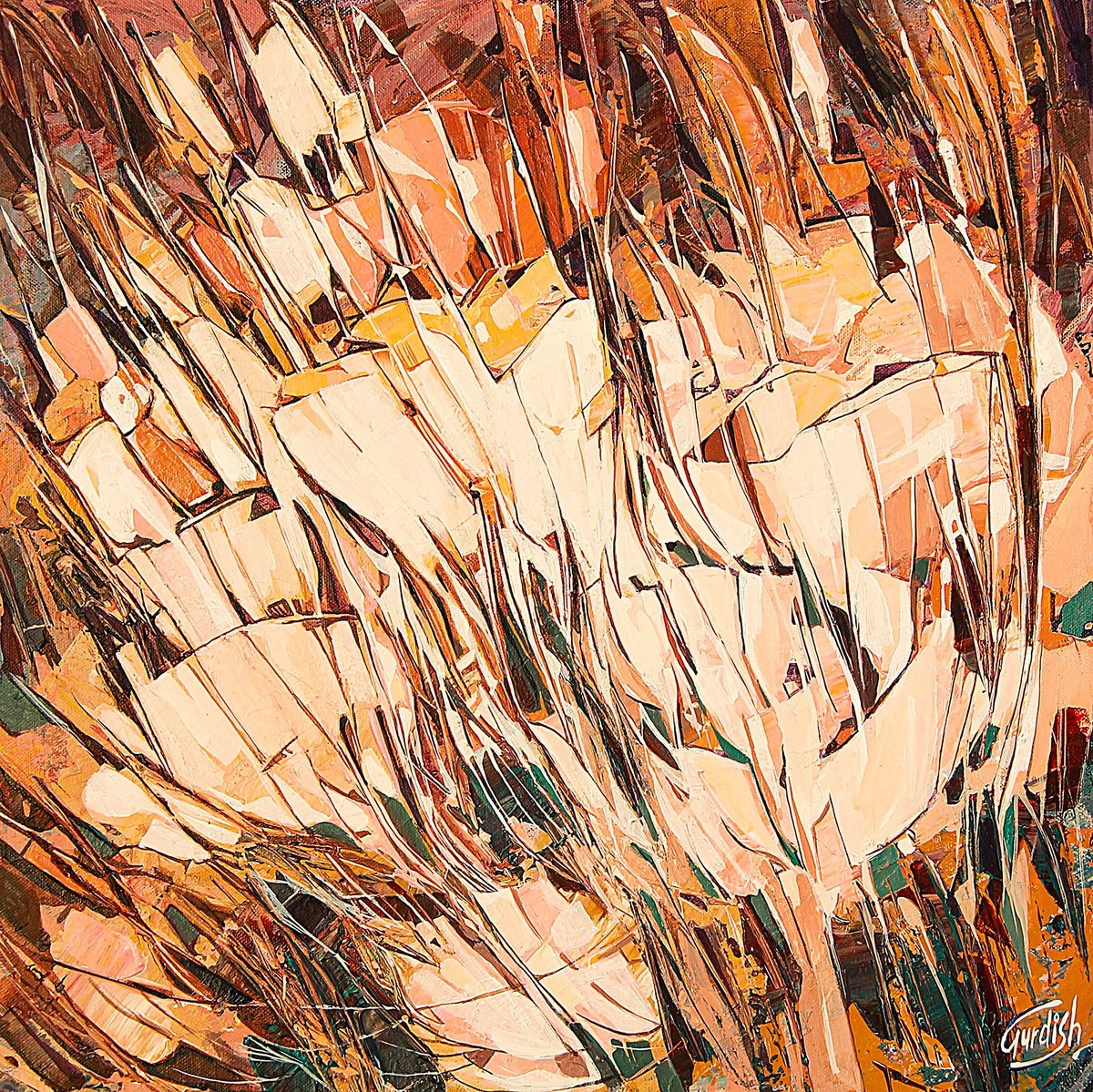 Abstract Acrylic Painting By Artist Gurdish Pannu, 18 X 18, Peach Floral Wall Art, Original Artwork