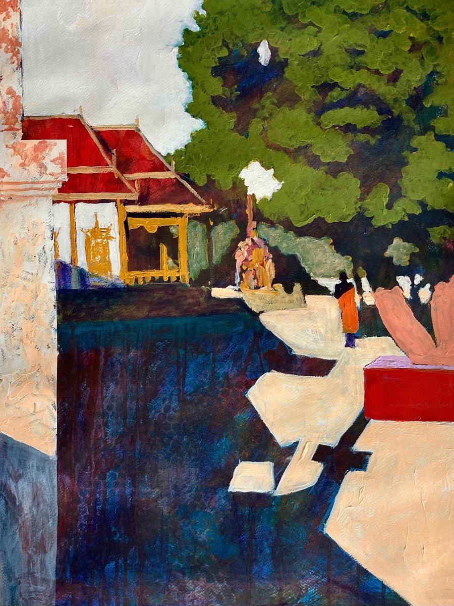 Impressionistic Cityscapes Acrylic Painting By John Cottee, 22 X 30, Temple With Shadows, Original Artwork