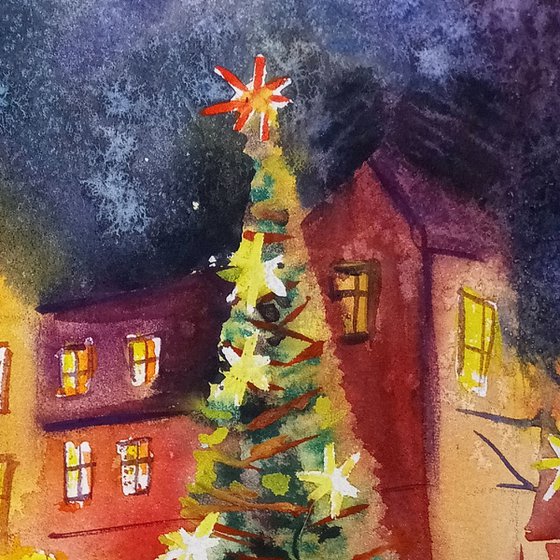 German Christmas Market Watercolor Painting Warm Lights Winter
