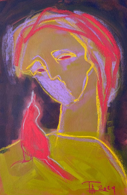 Portrait with a red bird. by Tatjana Auschew