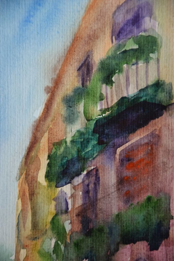 Italy old town original watercolor painting, summer abstract cityscape Europe