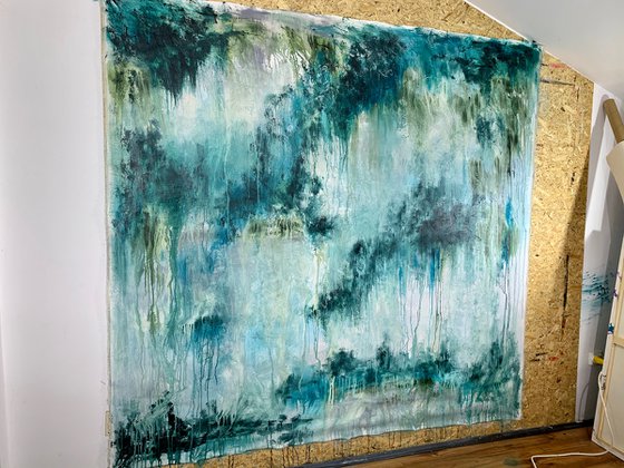 78''X75''(200X190CM), The Sacred Land, blue, olive green, turquoise, green black, texture, land earth colors canvas art  - xxxl art - abstract art painting- extra large art