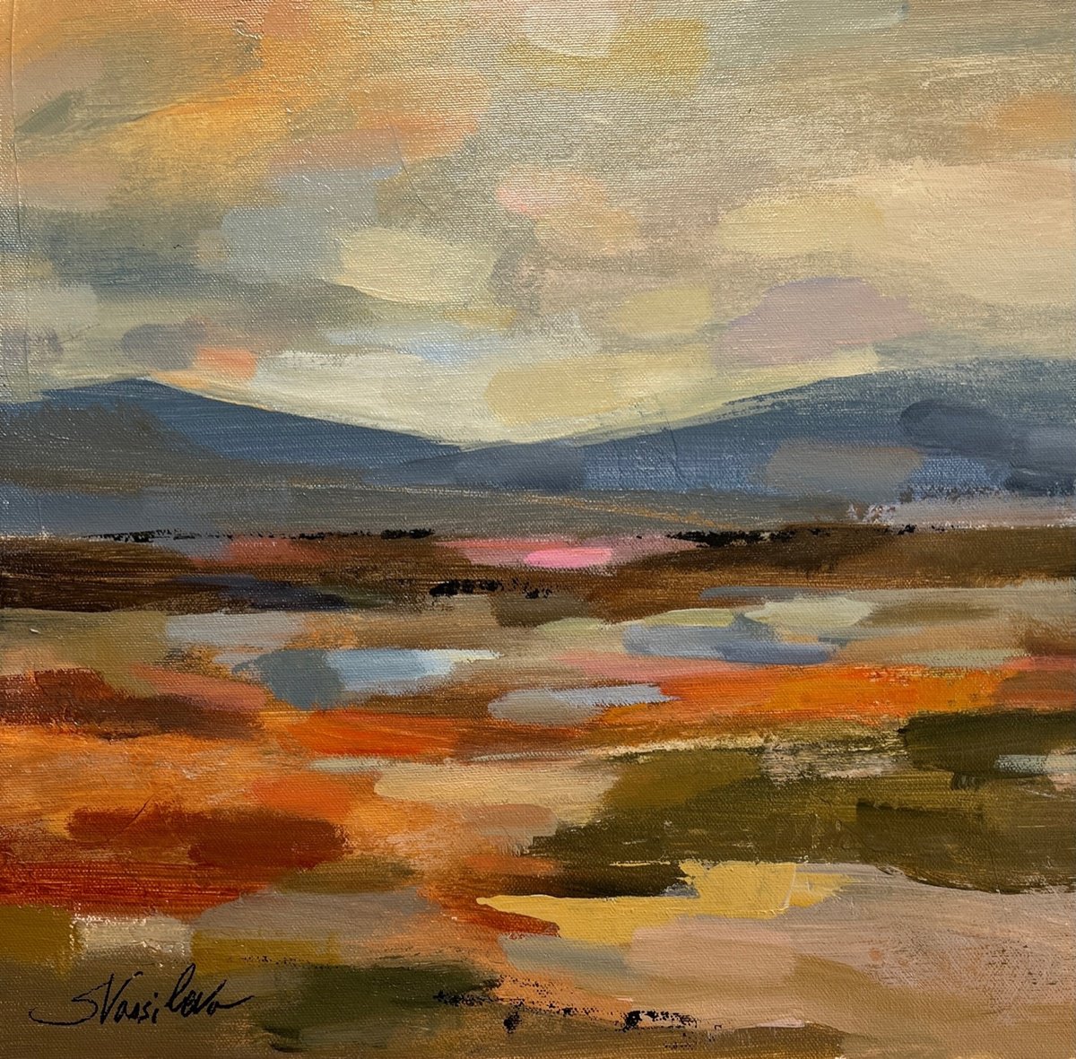 Impressionistic Landscape Acrylic Painting By Silvia Vassileva, 15 X 15", Distant Mountain I, Original Artwork