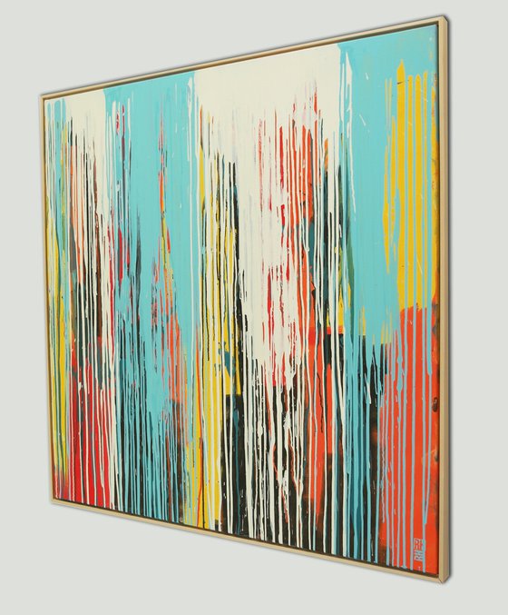 Tip Top Drips Orange and Blue XL - 125x125cm - Incl. Frame - Ronald Hunter - 03M