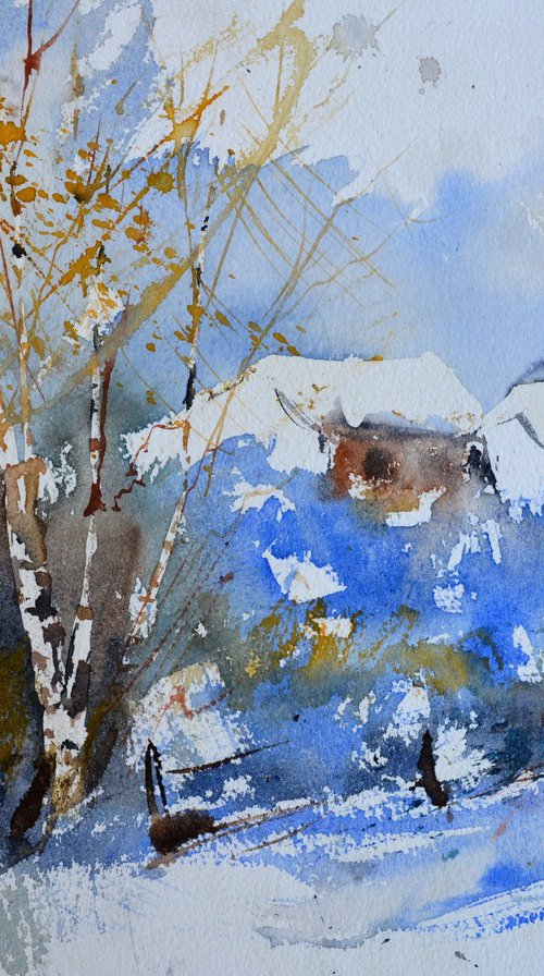 Winter houses  - watercolor by Pol Henry Ledent