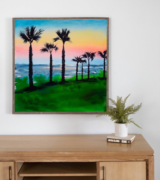 Palms Watercolour Painting, Sea Beach Original Art, Coastal Wall Decor