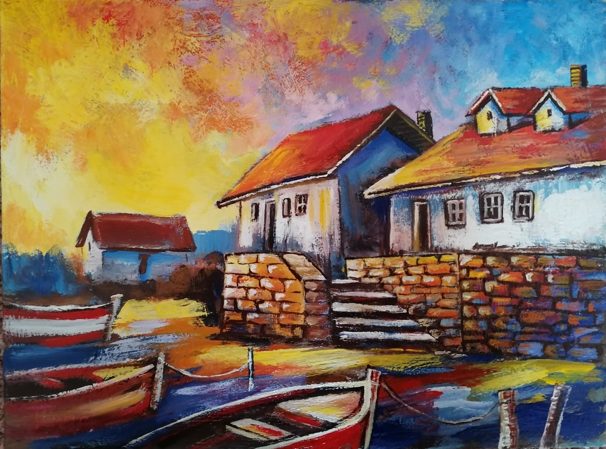 Impressionistic Landscape Oil Painting By Nelaart, 16 X 12", Sunset In The Seaport, Original Artwork