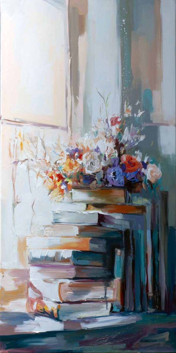 Impressionistic Still Life Oil Painting By Alexandr Klemens, 24 X 47, Light Between The Lines, Original Artwork