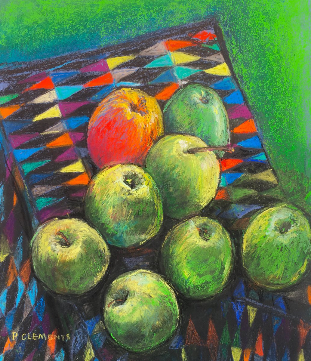 Impressionistic Still Life Pastel Drawing By Patricia Clements, 24 X 26", Little Green Apples, Original Artwork