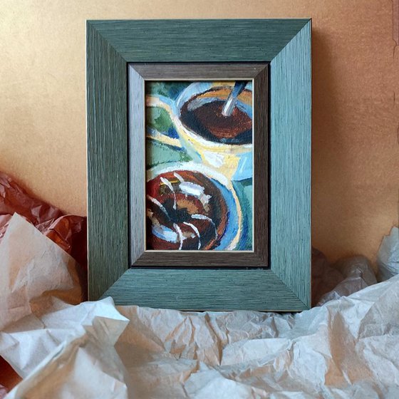 Coffee and Donut. Oil Painting.