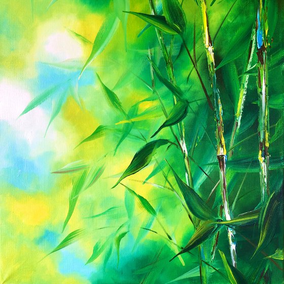 GREEN PORTAL - Set. Modern diptych with a green leaves. Painting with a wood landscape on canvas. Green bamboo oil painting.