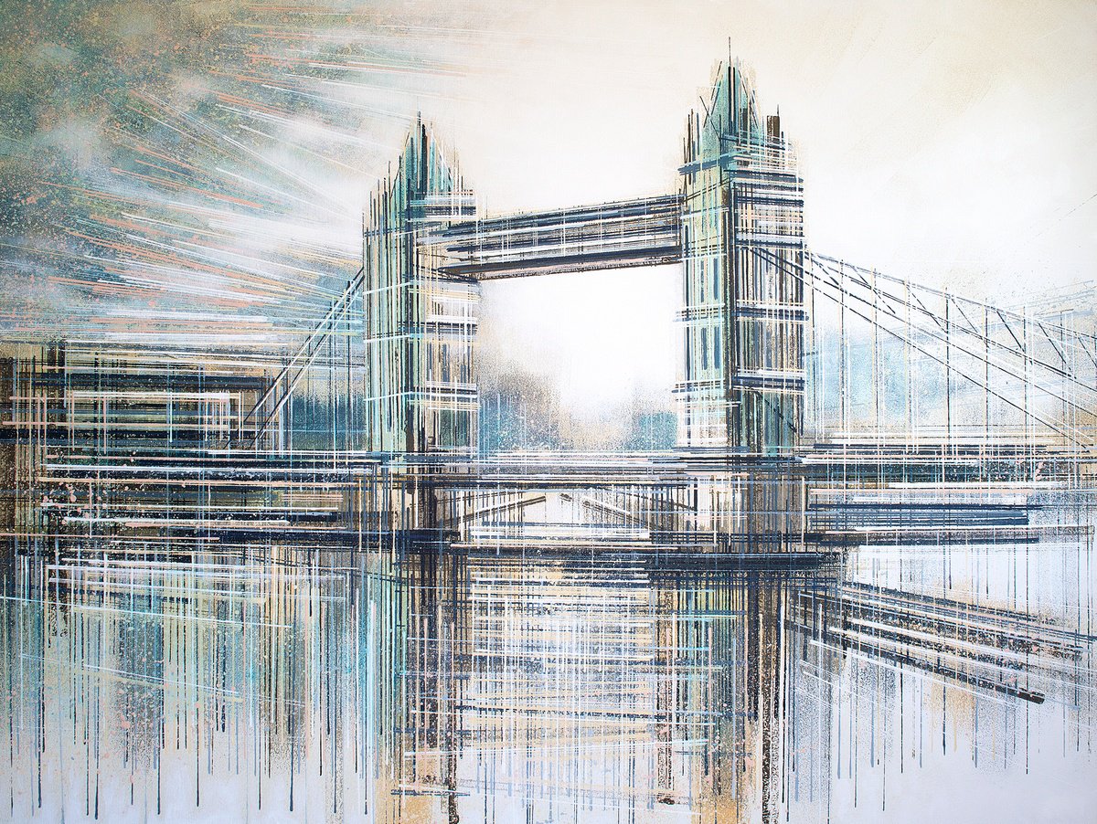 Impressionistic Cityscapes Acrylic Painting By Marc Todd, 40 X 30", Tower Bridge London At Dusk, Original Artwork
