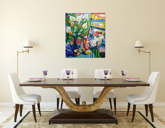 Still life with callas(80x90cm, cubism, oil painting, ready to hang)