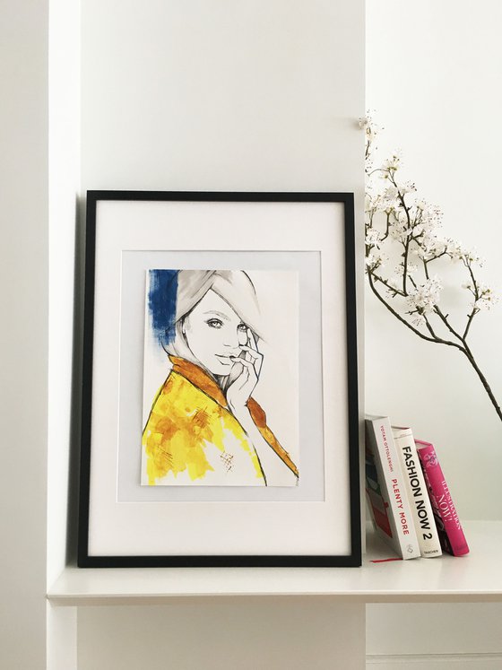 fashion illustration in acrylic blue and yellow woman female model