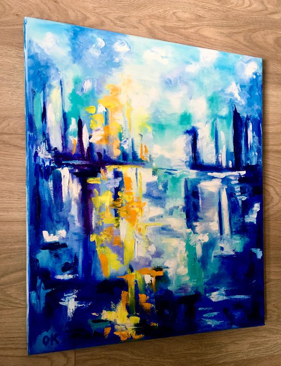 Abstract Blue Dream city, variations of blue colours: ultramarine, navy blue, turquoise, sky blue, cobalt, palette knife original artwork.