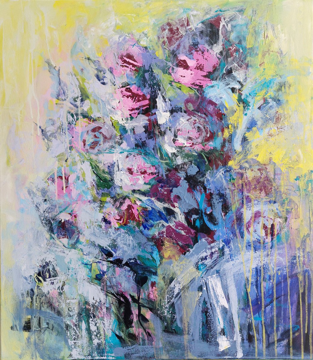 Expressive Botanical Acrylic Painting By Katia Solodka, 28 X 31", Rose Melody, Original Artwork