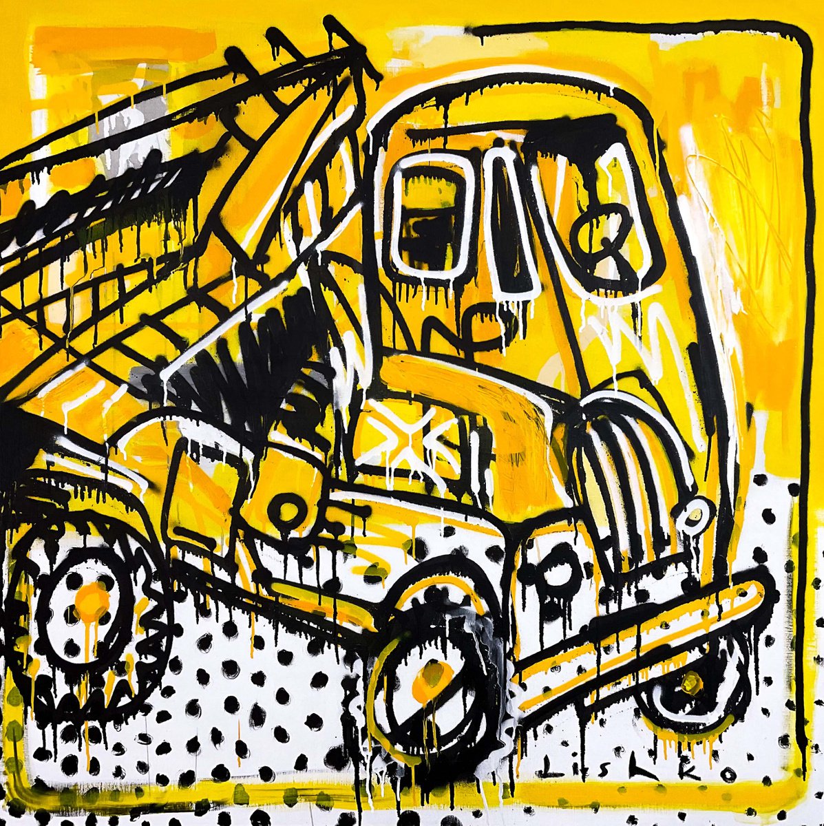 Expressive Transport Acrylic Painting By V. Lishko, 51 X 51", Dump Truck, Original Artwork