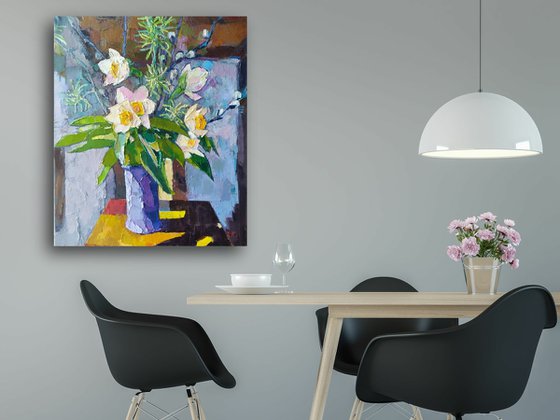 STILL LIFE WITH DAFFODILS AND PUSSY WILLOW . LARGE