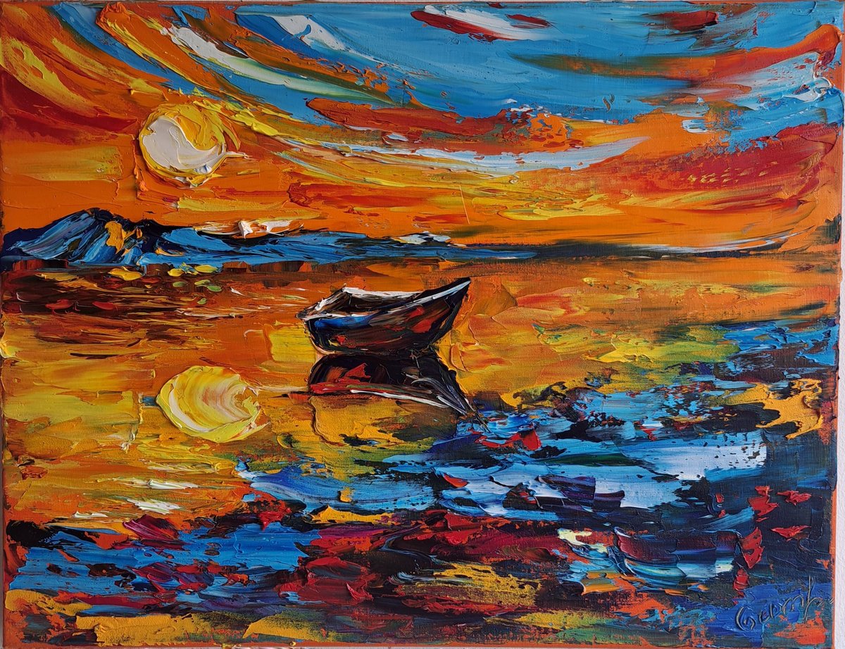 Impressionistic Landscape Oil Painting By Oksana Fedorova, 20 X 16", Amazing Sunset, Boat, Original Artwork