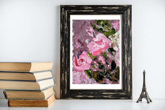 Rose Painting Floral Original Art Small Oil Impasto Artwork Flower Home Wall Art 6 by 8" by Halyna Kirichenko