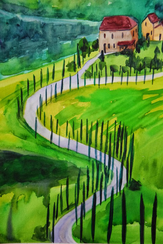 Sunset Landscape Large Painting, Tuscany Italy Original Watercolor Painting