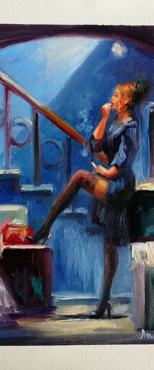 Woman Portrait Ready for Dating Beautiful Sexy Girl Lipstick Blue Light by Anastasia Art Line
