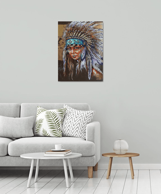 Portrait native american woman - portrait abstract girl, headdress feathers birds