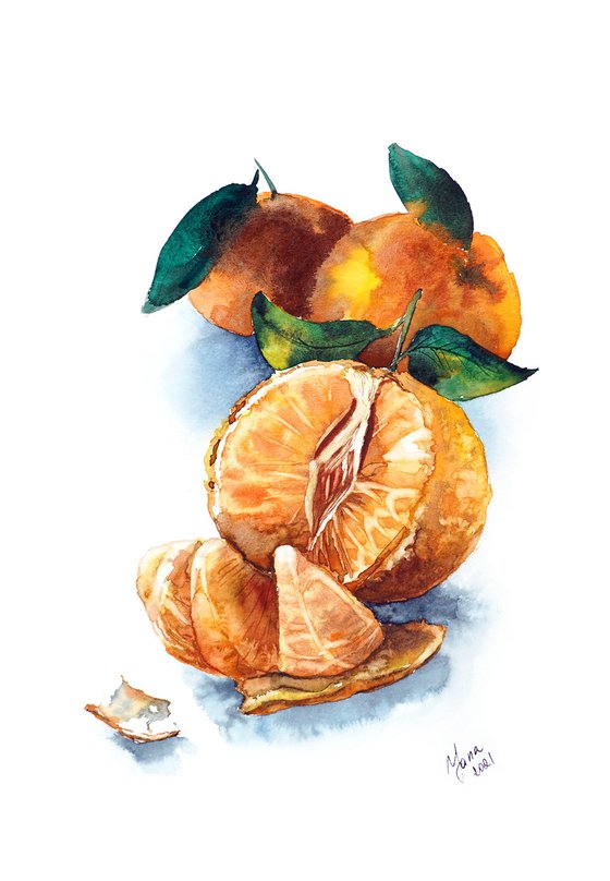 ORIGINAL Watercolor Painting of Tangerines | Colorful Oranges | Food Art | Kitchen Home Decor