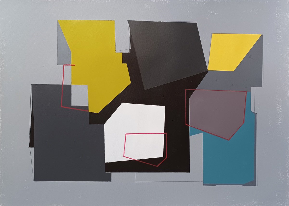 Geometric Abstract Acrylic Painting By Luis Medina, 28 X 20", Ng 34C, Original Artwork