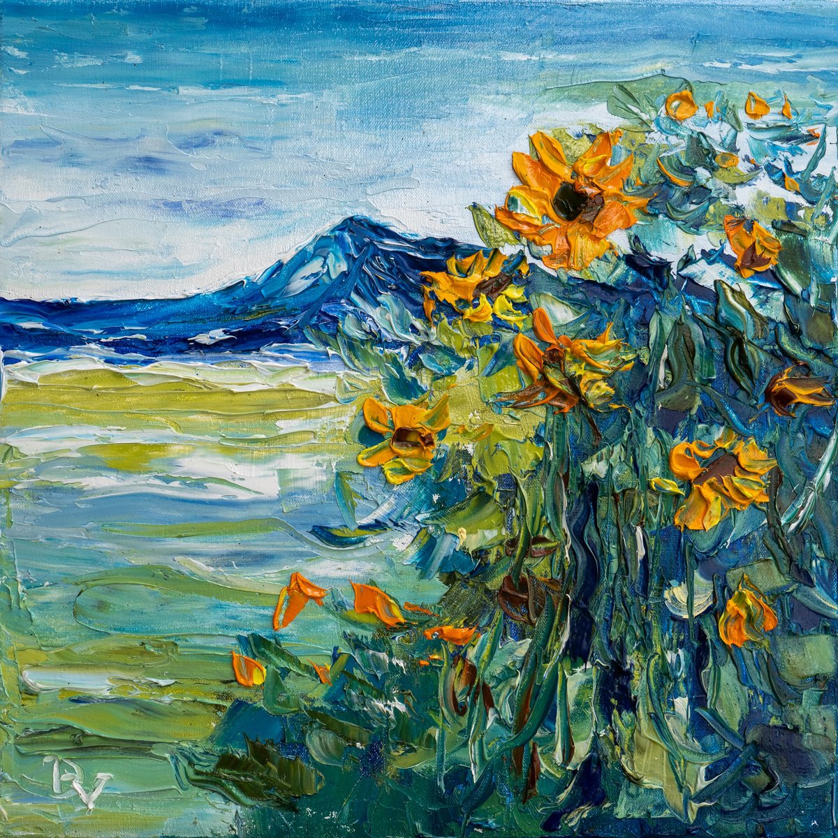 Impressionistic Landscape Oil Painting By Vladyslav Durniev, 12 X 12", Etude With Sunflowers, Original Artwork