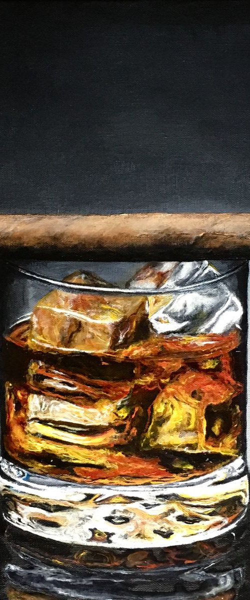 still life original painting, whiskey, cigar by Paul Hardern