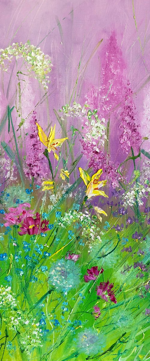 BLOOMING LUPINES - Bright summer. Colorful lupins. Beautiful landscape. Pink flowers. Meadow. Forest. Abstraction. by Marina Skromova